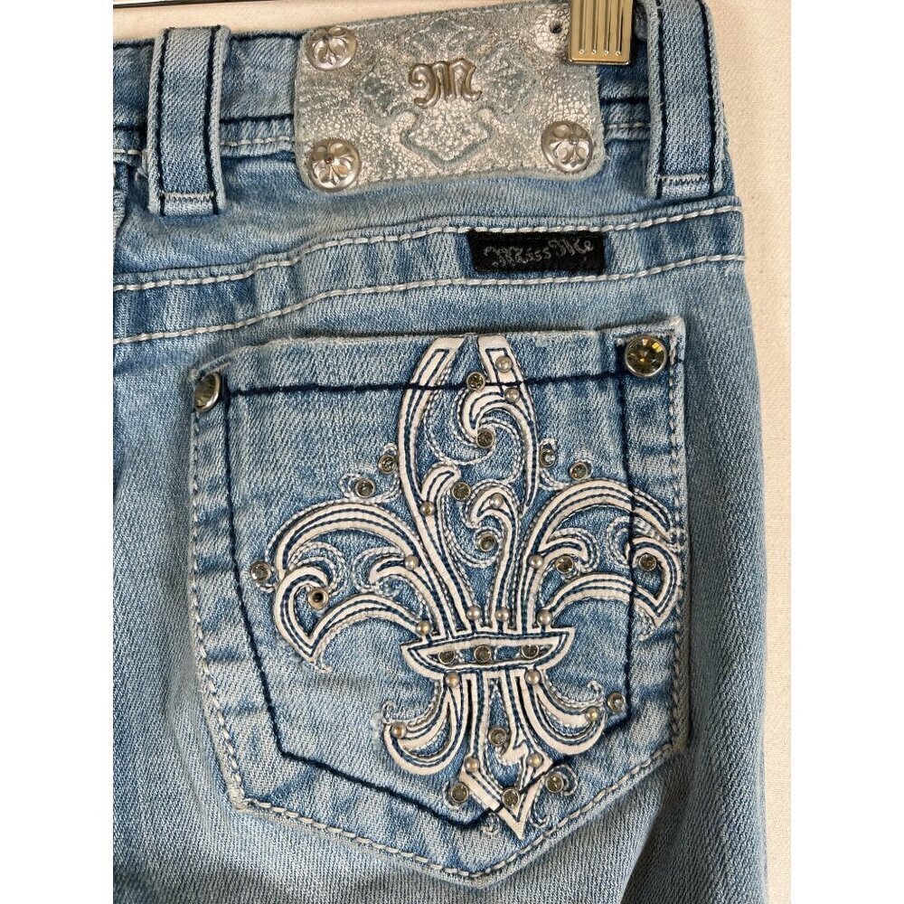 Miss Me Womens Size 25 Denim Blue Jean Slim Bootcut Distressed Fleur De Lis Pock